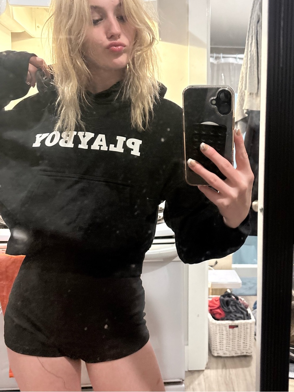 PLAYBOY Black Cropped Hoodie with White Logo